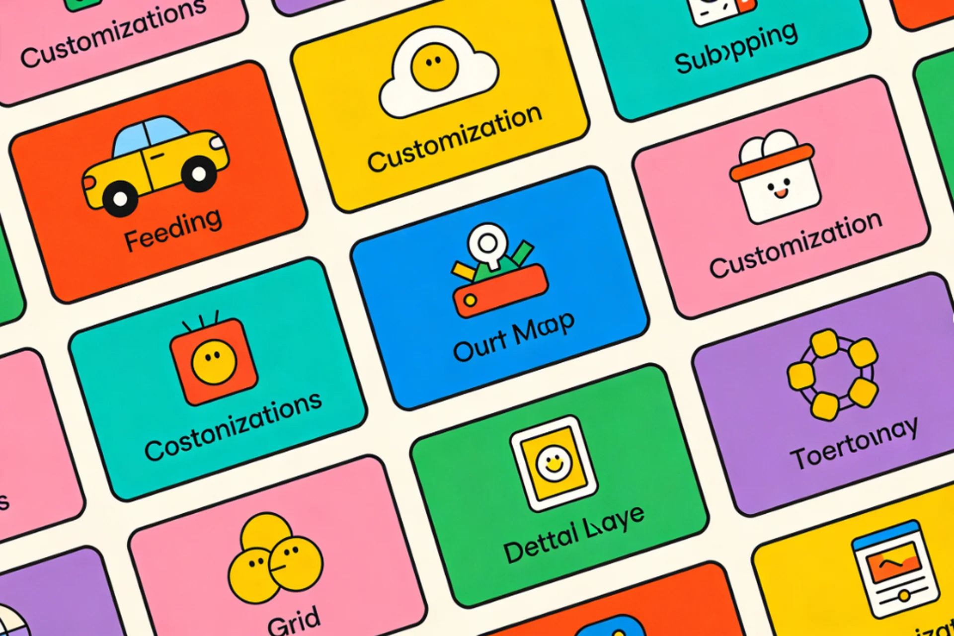 Grid showing different customization options including eye styles, hair styles, and mouth expressions