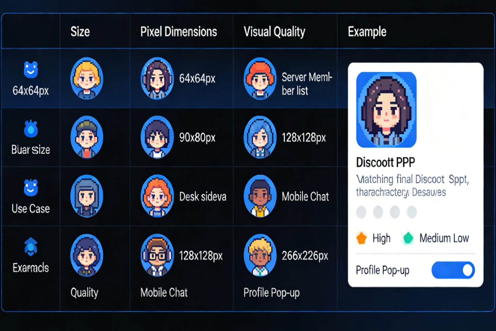 Comparison table showing different Discord PFP sizes and their quality