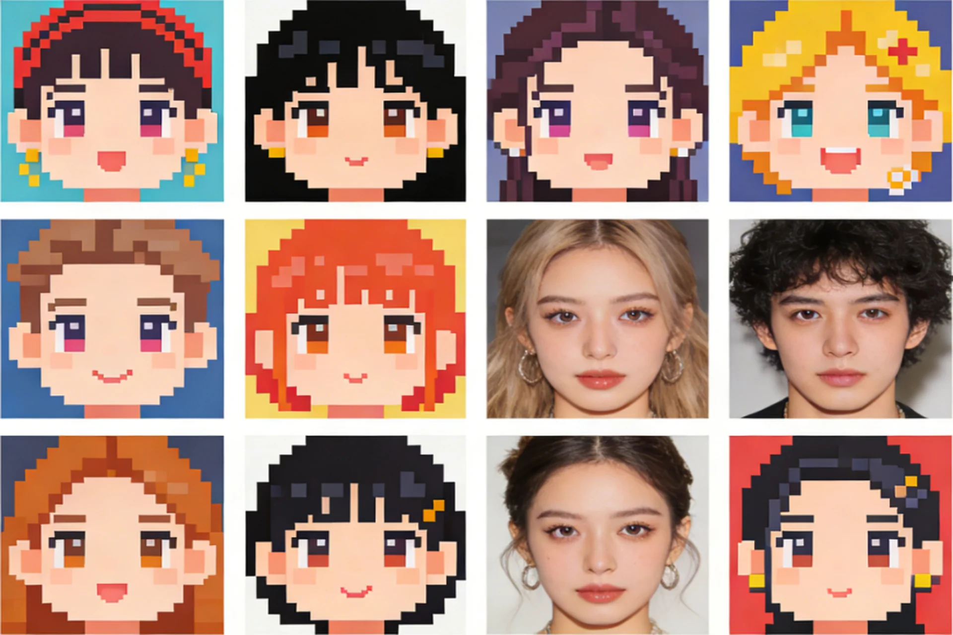 Collection of pixel art square face avatars in various styles and colors demonstrating customization options